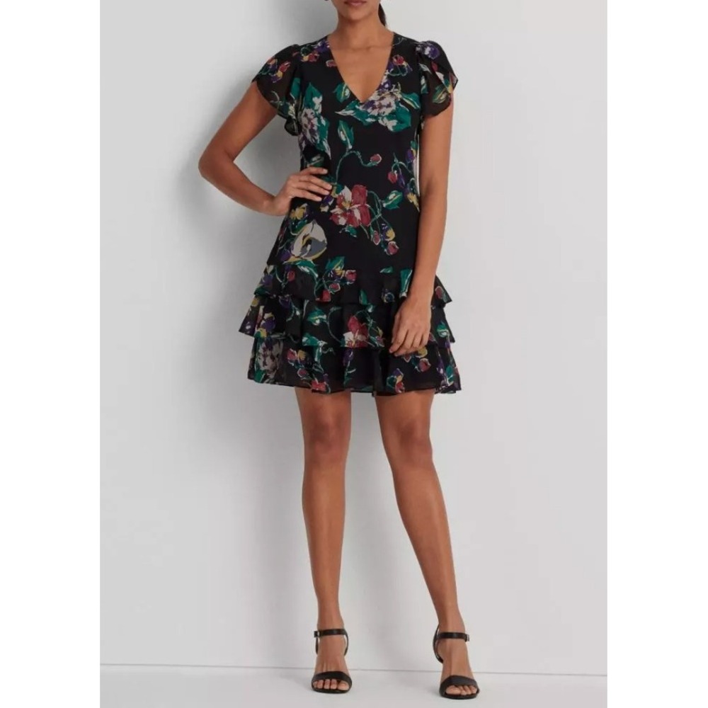 Lauren Ralph Lauren Black Label Floral Short Sleeve Tiered Ruffle Lined Dress